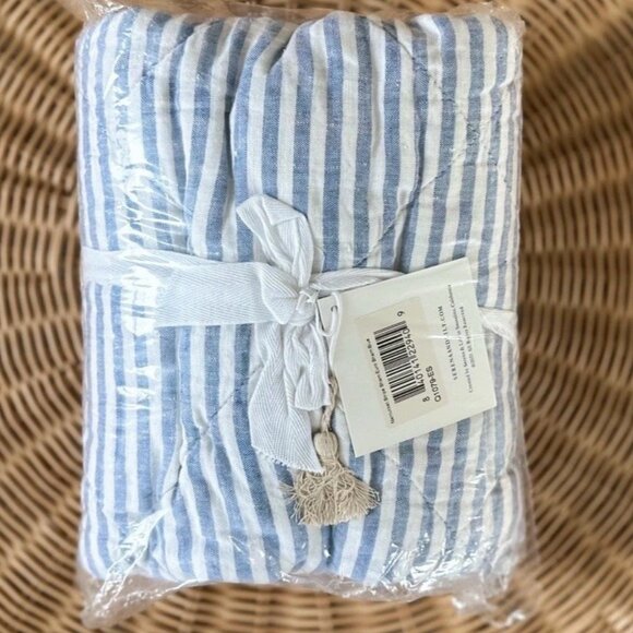 NEW Serena & Lily Nantucket Stripe Linen Euro Pillow Sham-Blue/White